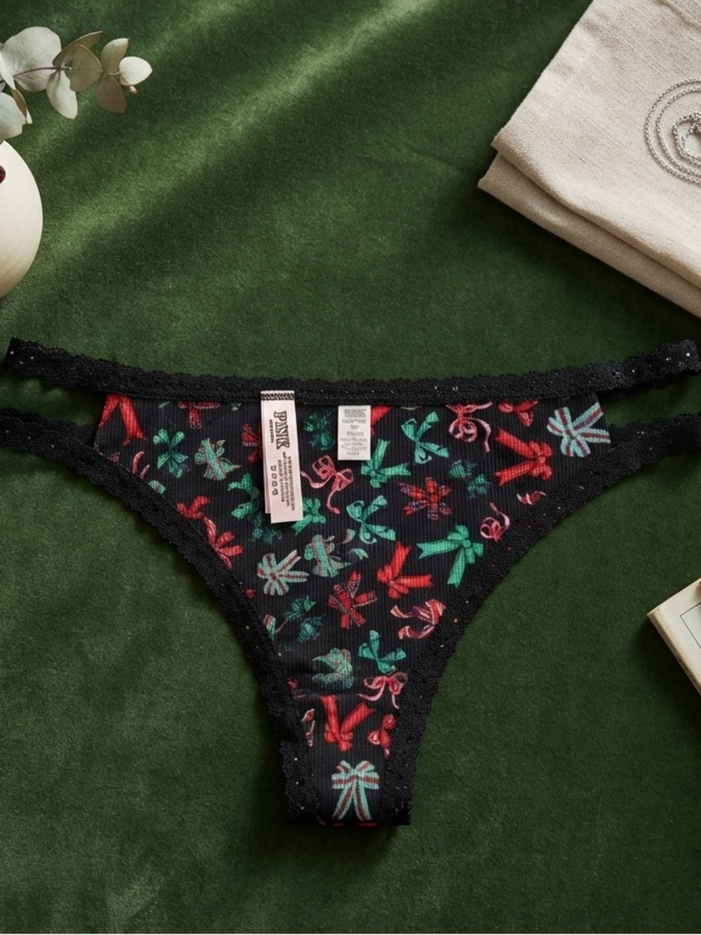 PINK Victoria's Secret Black Thong Panty with Red & Green bow Print